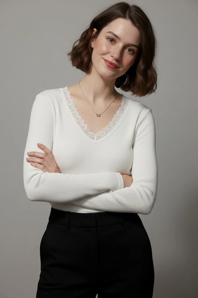 Kadın Beyaz Pamuklu Kaşkorse Dantelli V Yaka Ön Arka Dekolteli Slim Fit Esnek Bluz