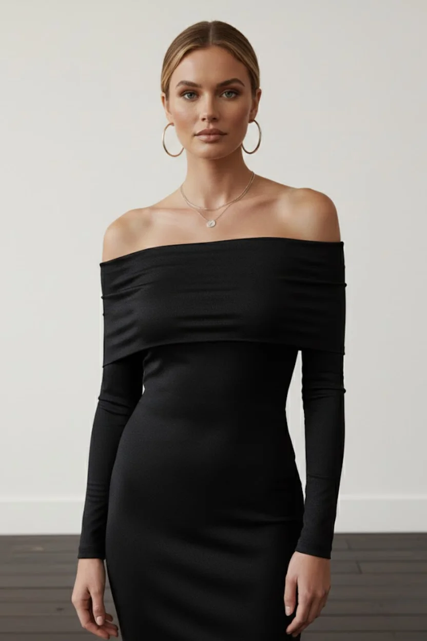 Kadın Siyah Madonna Yaka Sandy Kumaş Esnek Midi Boy Uzun Kollu Elbise