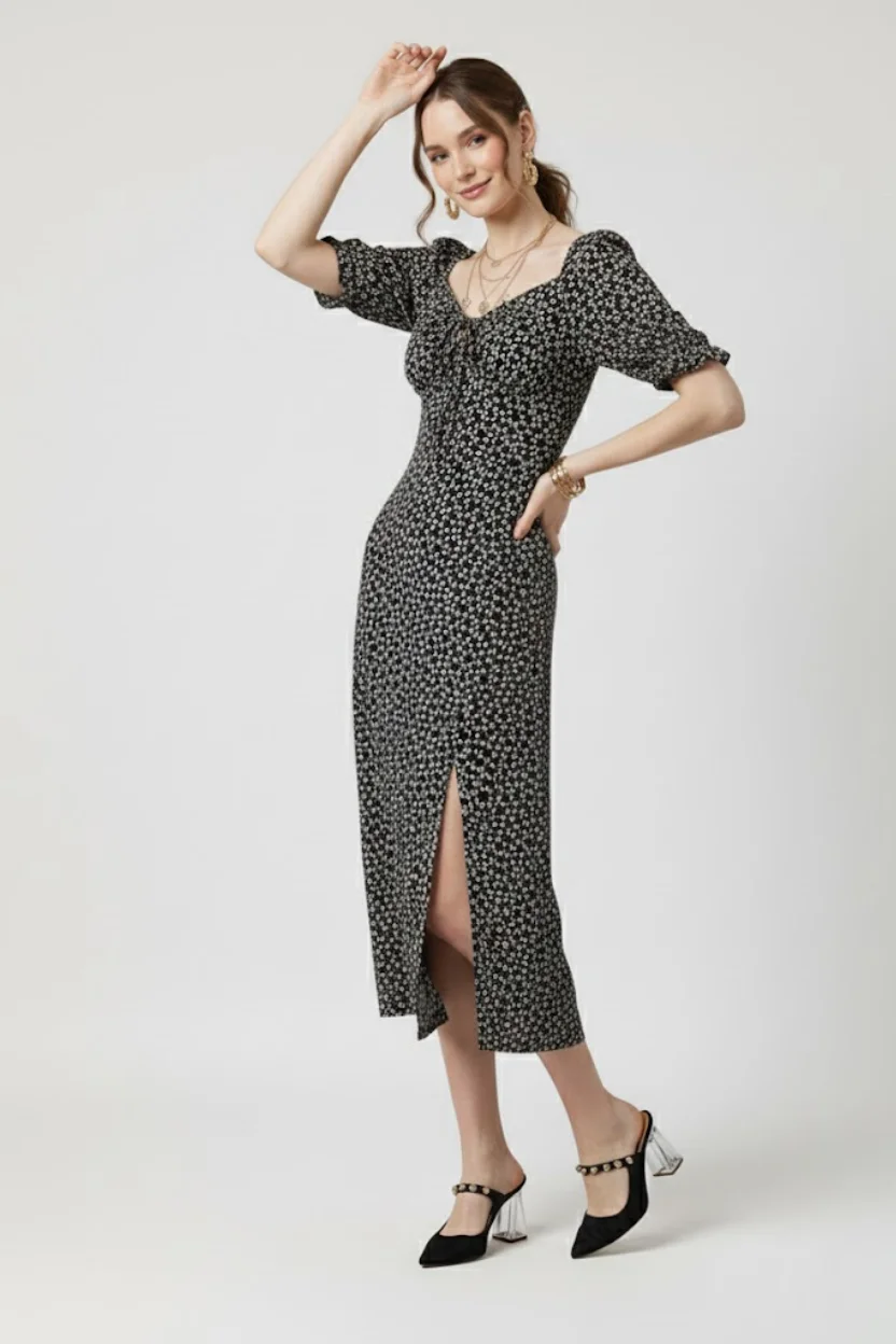 Kadın Siyah Çiçek Desenli Yırtmaçlı Midi Elbise Kare Yaka Büzgü Detaylı