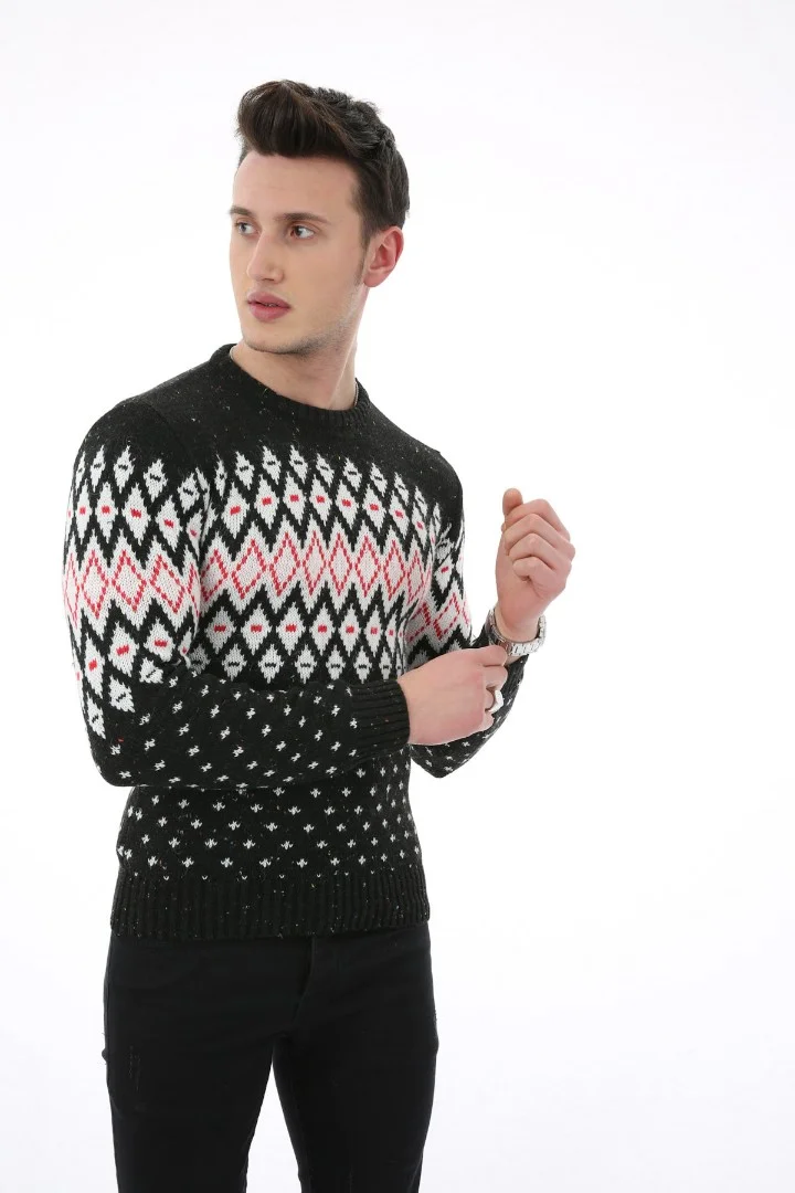 Desenli Siyah Kalın Kışlık Günlük Triko Kazak