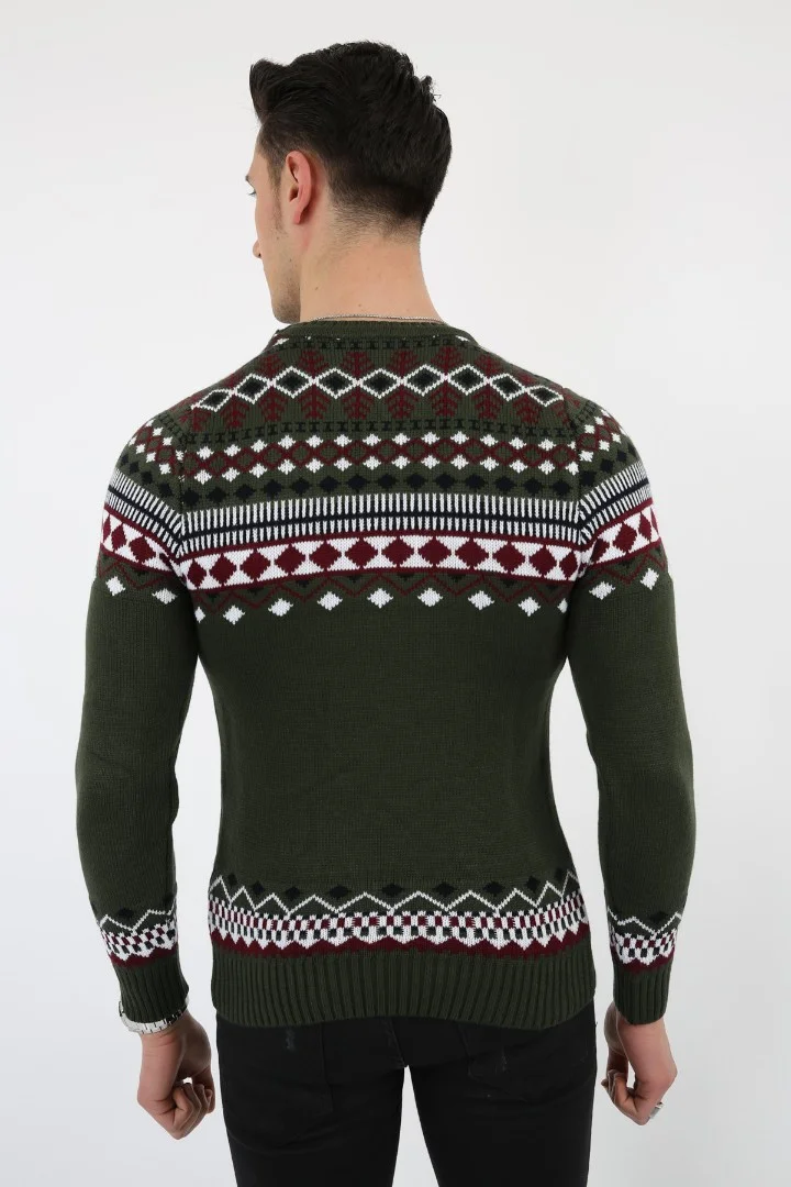 Karışık Desenli Yeşil Kalın Kışlık Günlük Triko Kazak