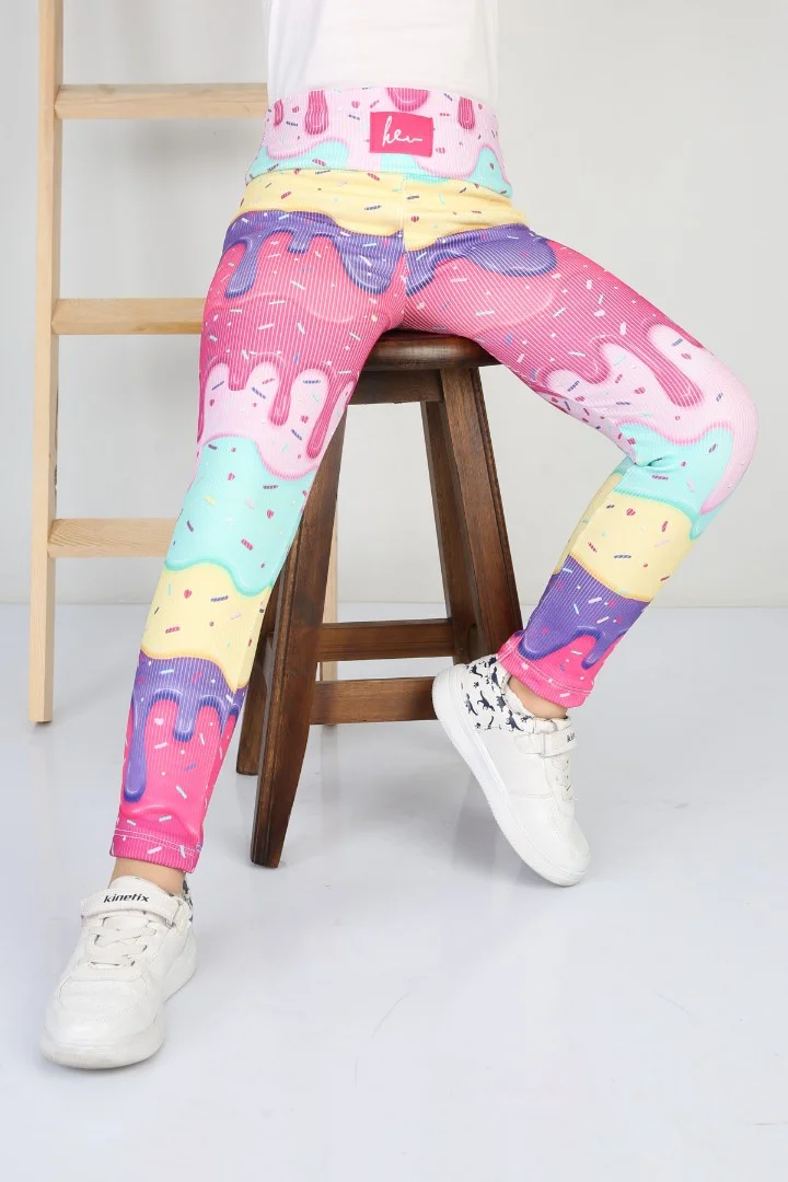 Şardonlu Fitilli Kumaş Baskılı Sarı Kız Çocuk Günlük Tayt