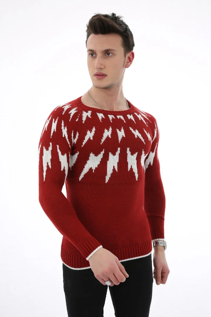 Şimşek Desenli Kırmızı Kalın Kışlık Günlük Triko Kazak