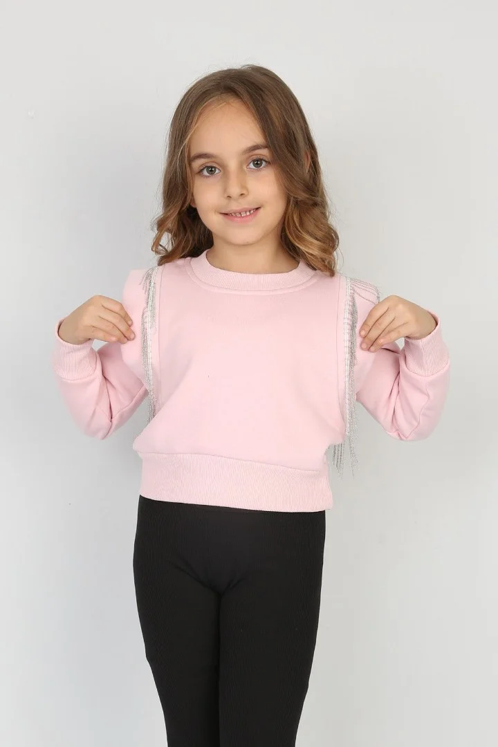 Üç İplik Şardonlu Omuz Detaylı Kız Çocuk Günlük Crop Sweatshirt
