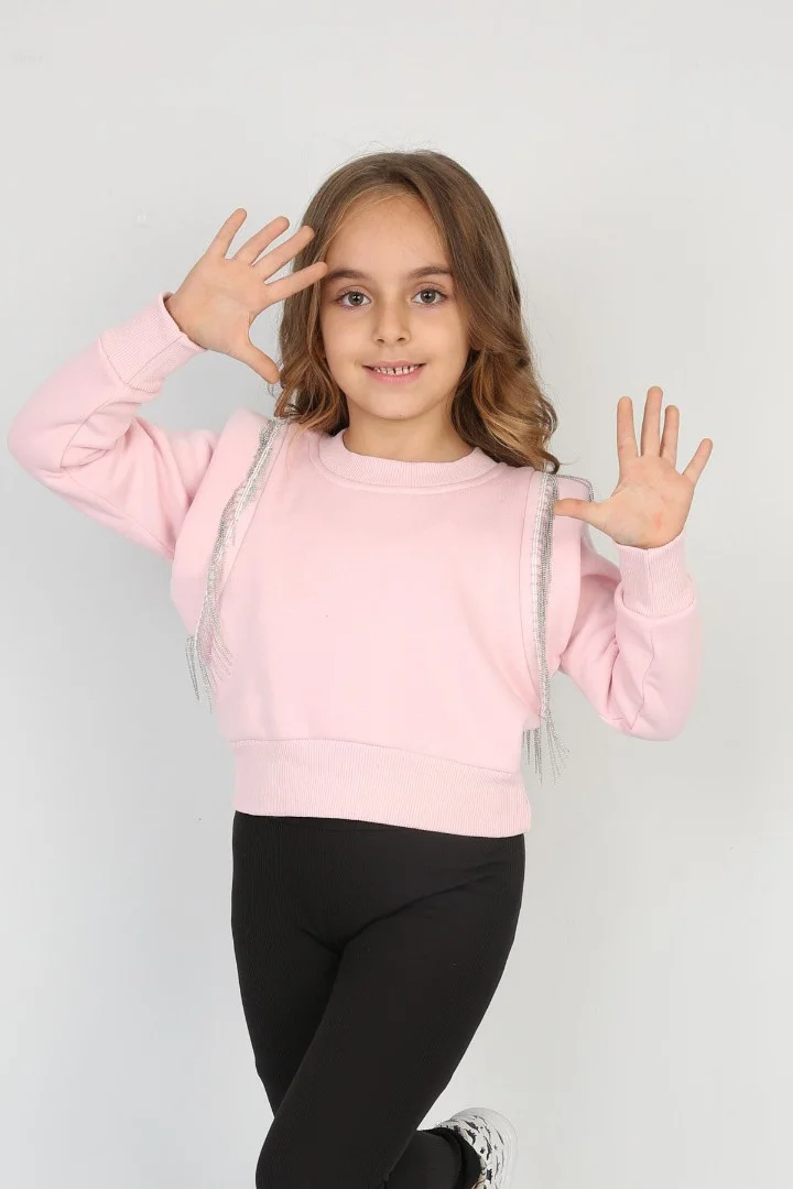 Üç İplik Şardonlu Omuz Detaylı Kız Çocuk Günlük Crop Sweatshirt