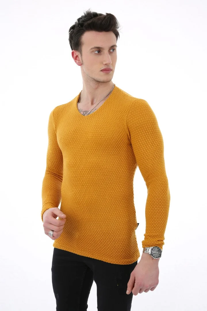 Düz Kabartma Desenli V Yaka Erkek Günlük Triko Kazak