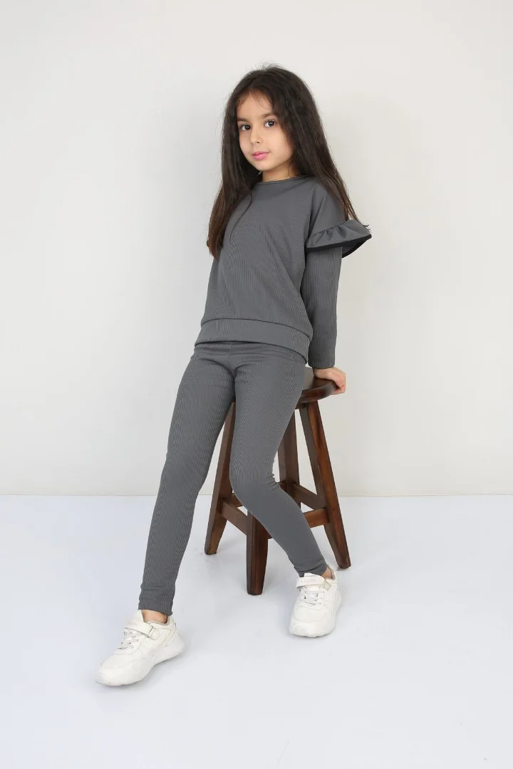 Şardonlu Fitilli Fırfır Detaylı Taytlı Günlük Kız Çocuk Takım