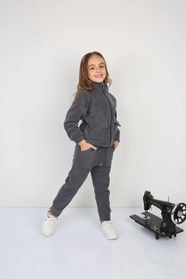 Tıraşlı Polar Lastik Bağcıklı Çift Cep Günlük Kız Çocuk Takım