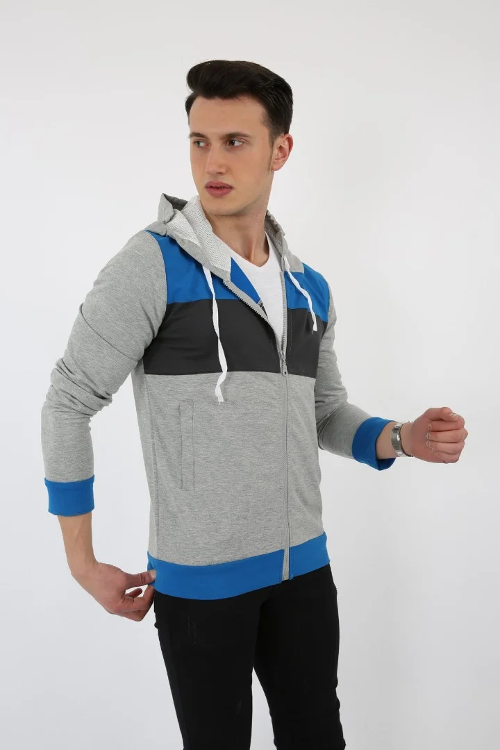 Parçalı Kapşonlu Fermuarlı Erkek Günlük Sweatshirt