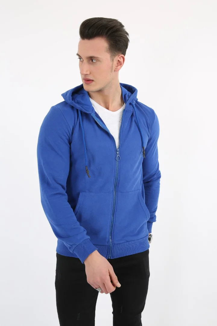 Üç İplik Düz Kapşonlu Fermuarlı Kanguru Cepli Erkek Günlük Sweatshirt