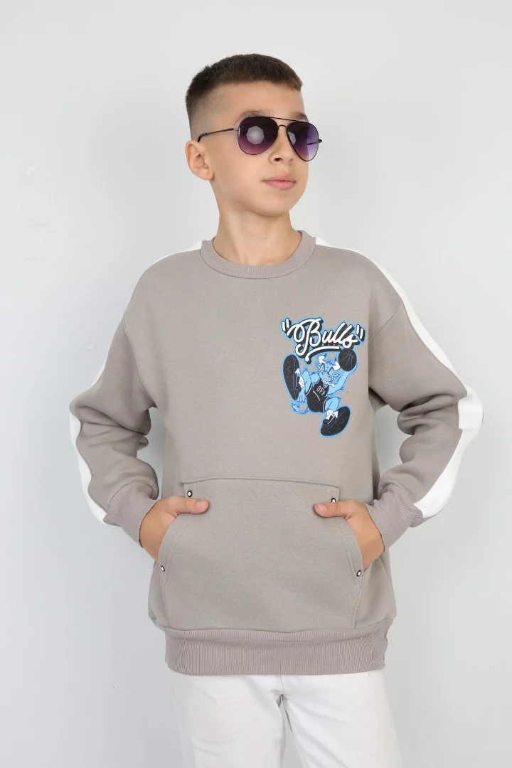 Üç İplik Şardonlu Arka Baskılı Erkek Çocuk Günlük Sweatshirt