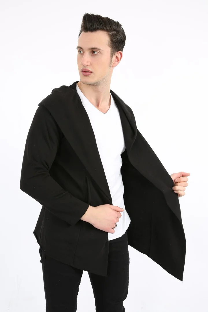 Üç İplik Şardonlu Kapşonlu Cepli Erkek Günlük Panço Hırka