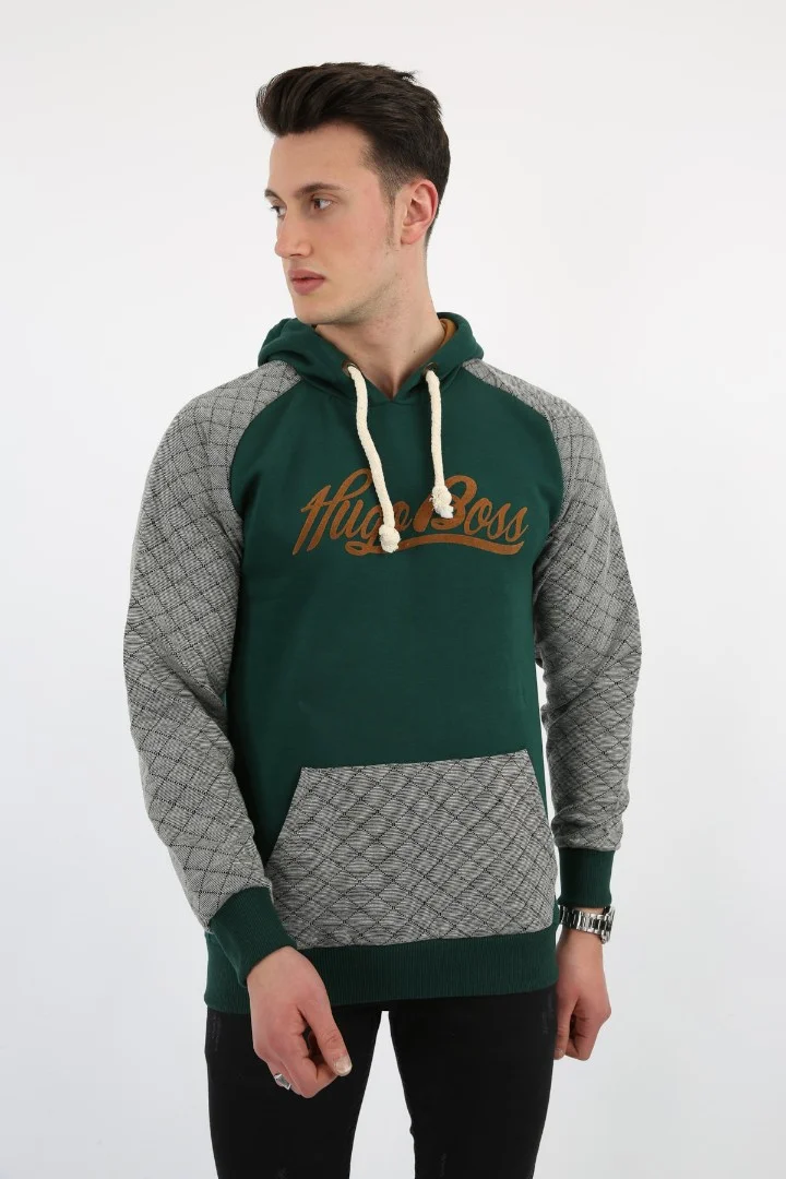 Üç İplik Şardonlu Kapşonlu Kanguru Cepli Baskılı Erkek Günlük Sweatshirt