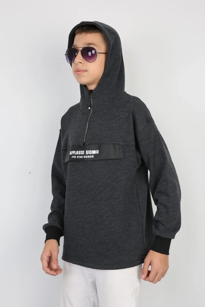 Yarım Fermuarlı Kapşonlu Baskılı Erkek Çocuk Günlük Sweatshirt