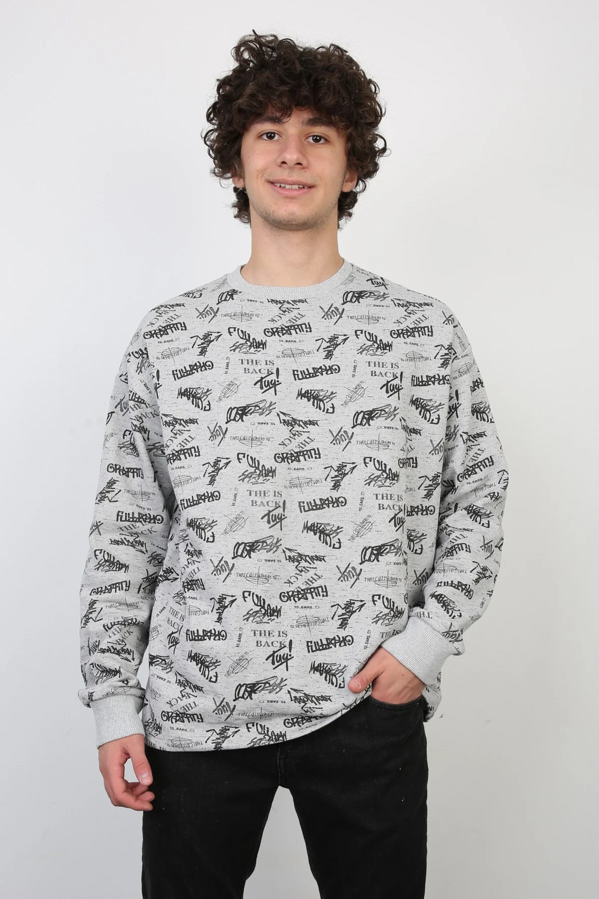 İki İplik Yazı Baskılı Oversize Erkek Günlük Sweatshirt