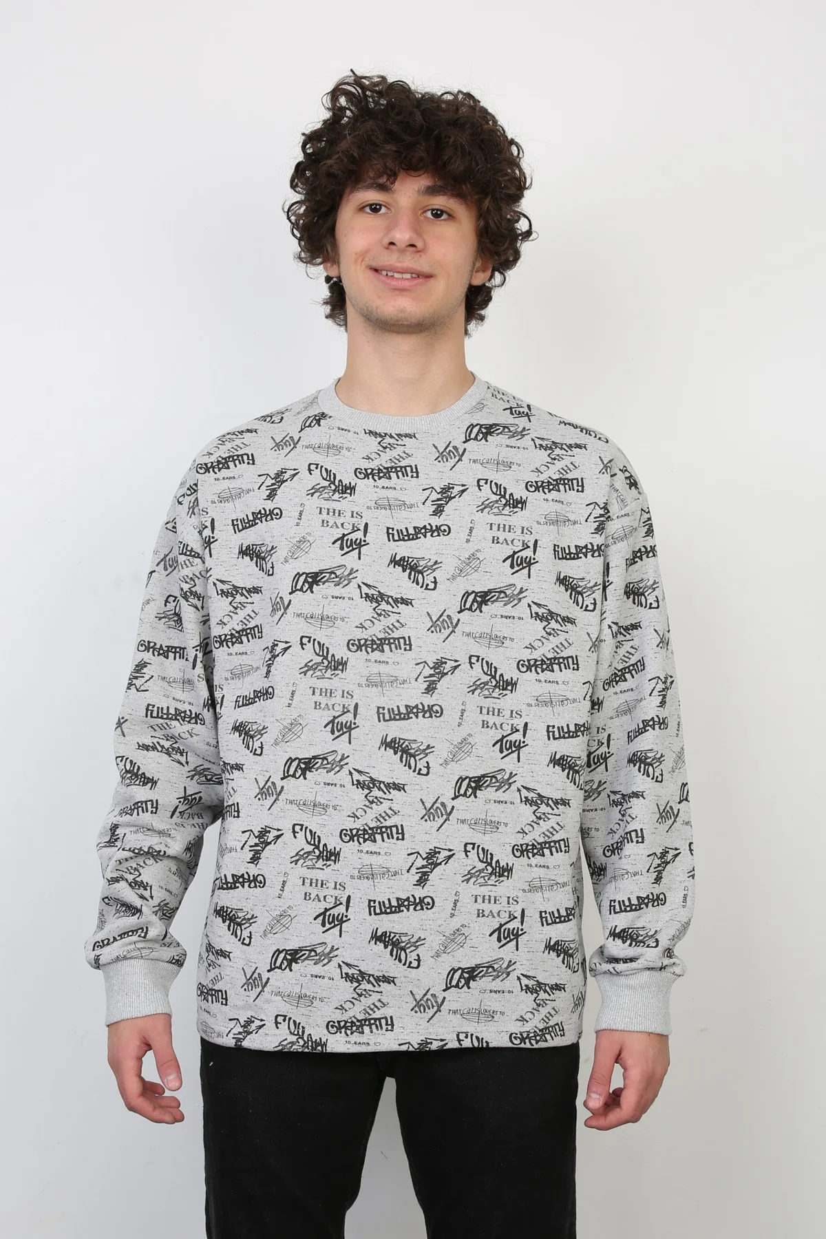 İki İplik Yazı Baskılı Oversize Erkek Günlük Sweatshirt