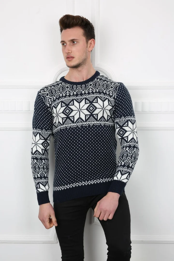 Erkek Kar Desenli Kışlık Günlük Triko Kazak