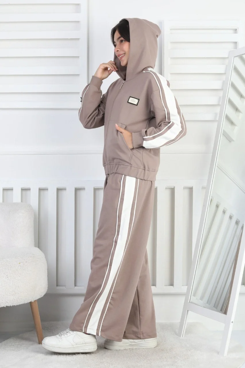 İki İplik Çizgili Kapşonlu Fermuarlı Kız Çocuk Takım