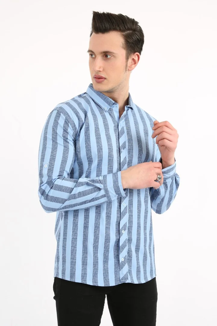 Erkek Günlük Dik Çizgili Likralı Gömlek