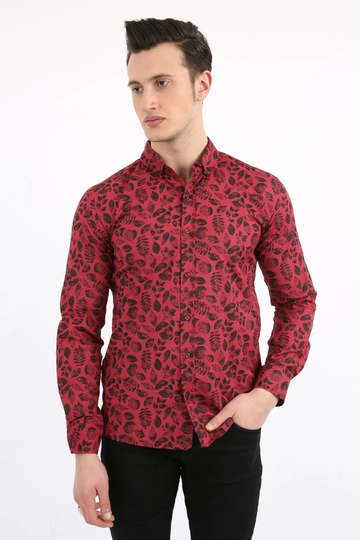 Erkek Günlük Yaprak Desenli Likralı Gömlek