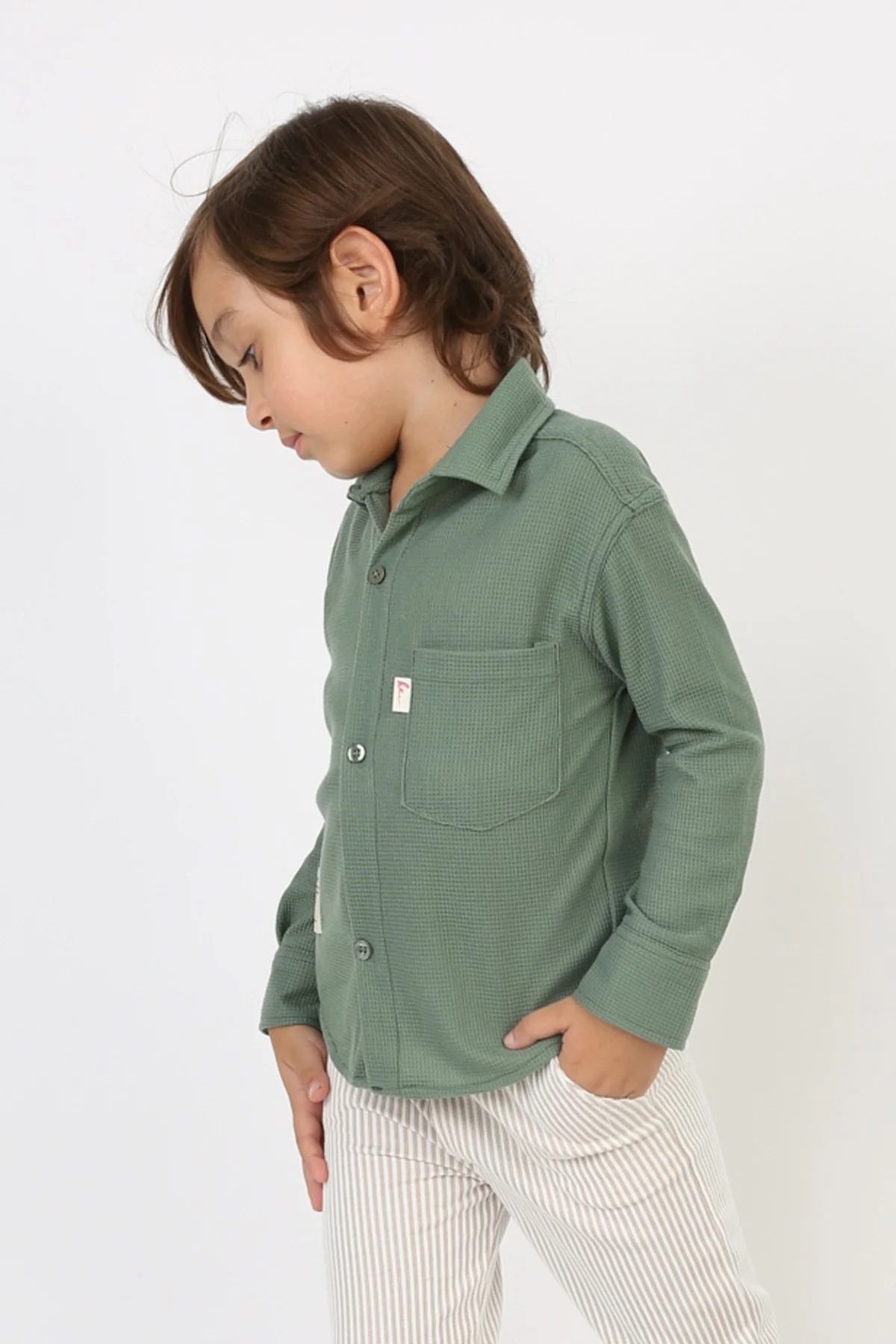 Erkek Çocuk Cepli Waffle Kumaş Likralı Rahat Şık Günlük Gömlek