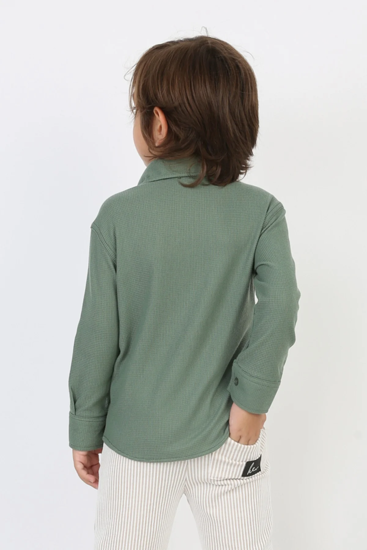 Erkek Çocuk Cepli Waffle Kumaş Likralı Rahat Şık Günlük Gömlek