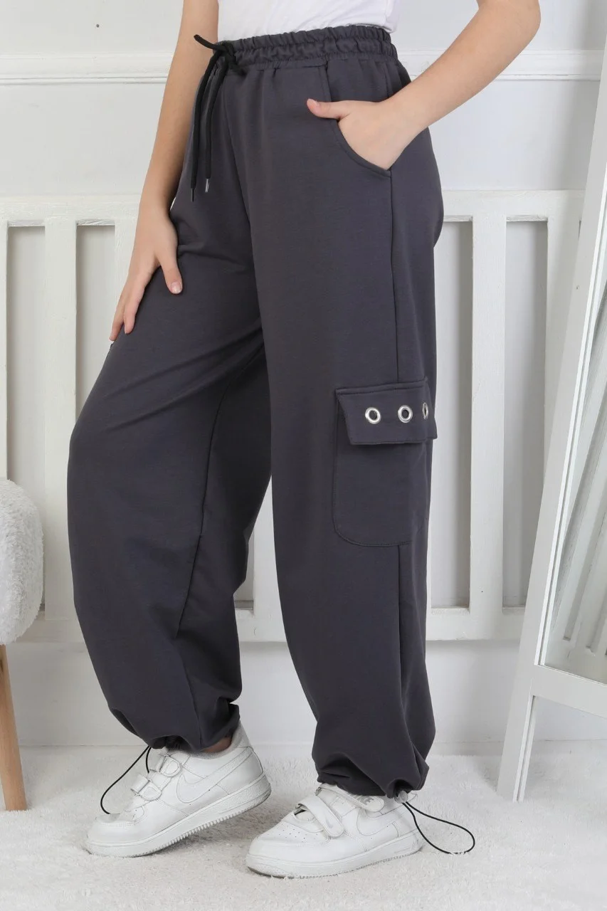 İki İplik Baskılı Kargo Çepli Kız Çocuk Eşofman Altı