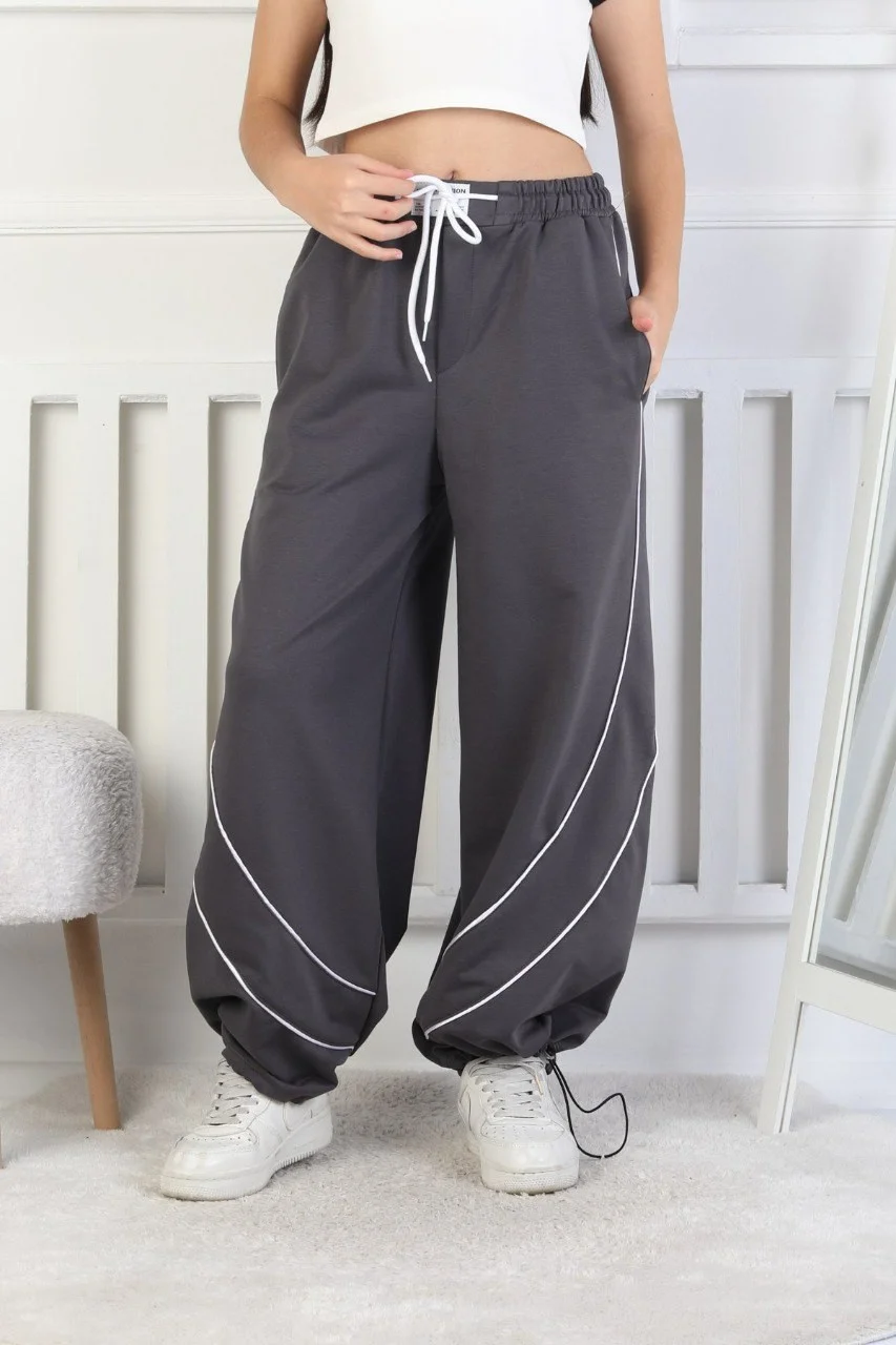 İki İplik Baskılı Çapraz Çizgili Kız Çocuk Eşofman Altı