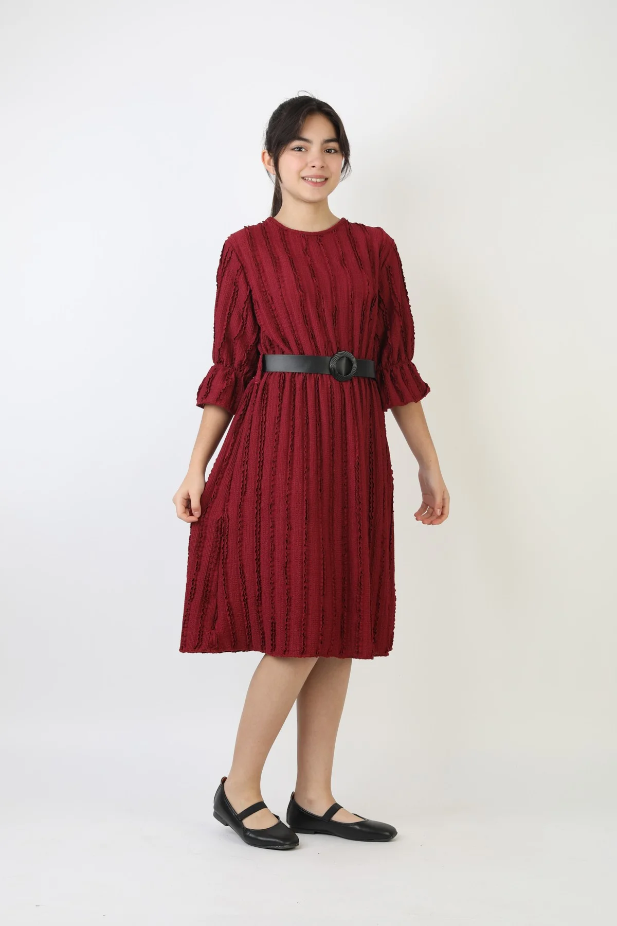 Fırfırlı Bürümcük Kumaş Kız Çocuk Kemerli Günlük Şık ve Rahat Elbise