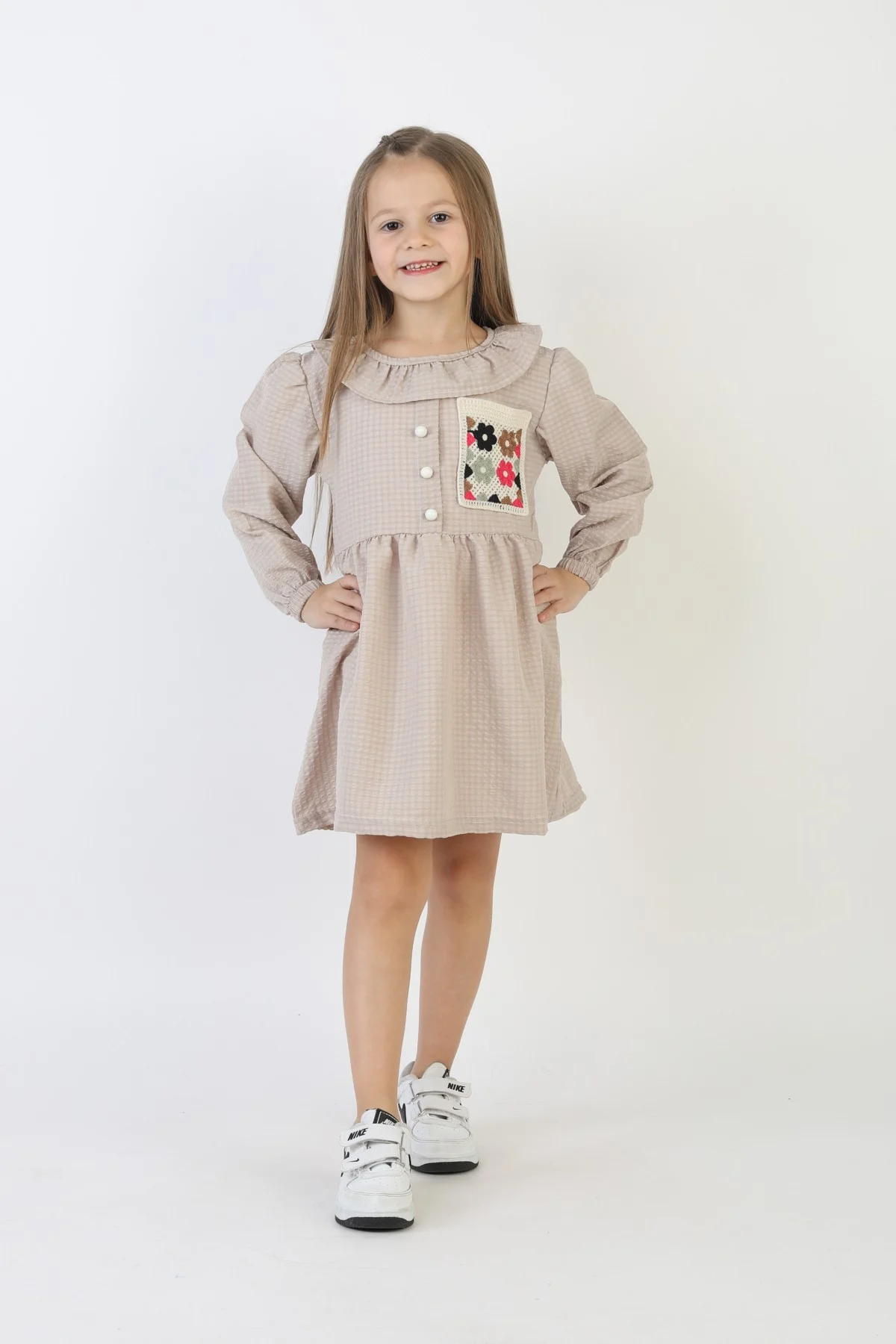 İşlemeli Gofre Kumaş Kız Çocuk Günlük Şık Rahat Ve Trend Elbise
