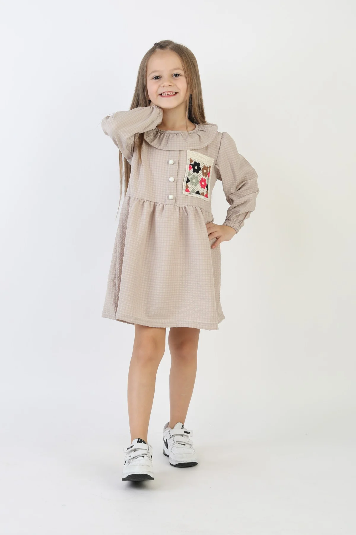 İşlemeli Gofre Kumaş Kız Çocuk Günlük Şık Rahat Ve Trend Elbise