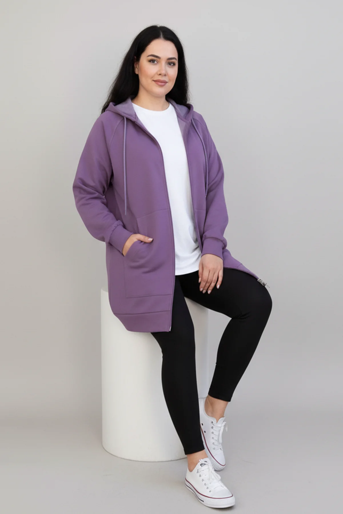 Kadın Mor Oversize Kapüşonlu Fermuarlı İki İplik Uzun Hırka