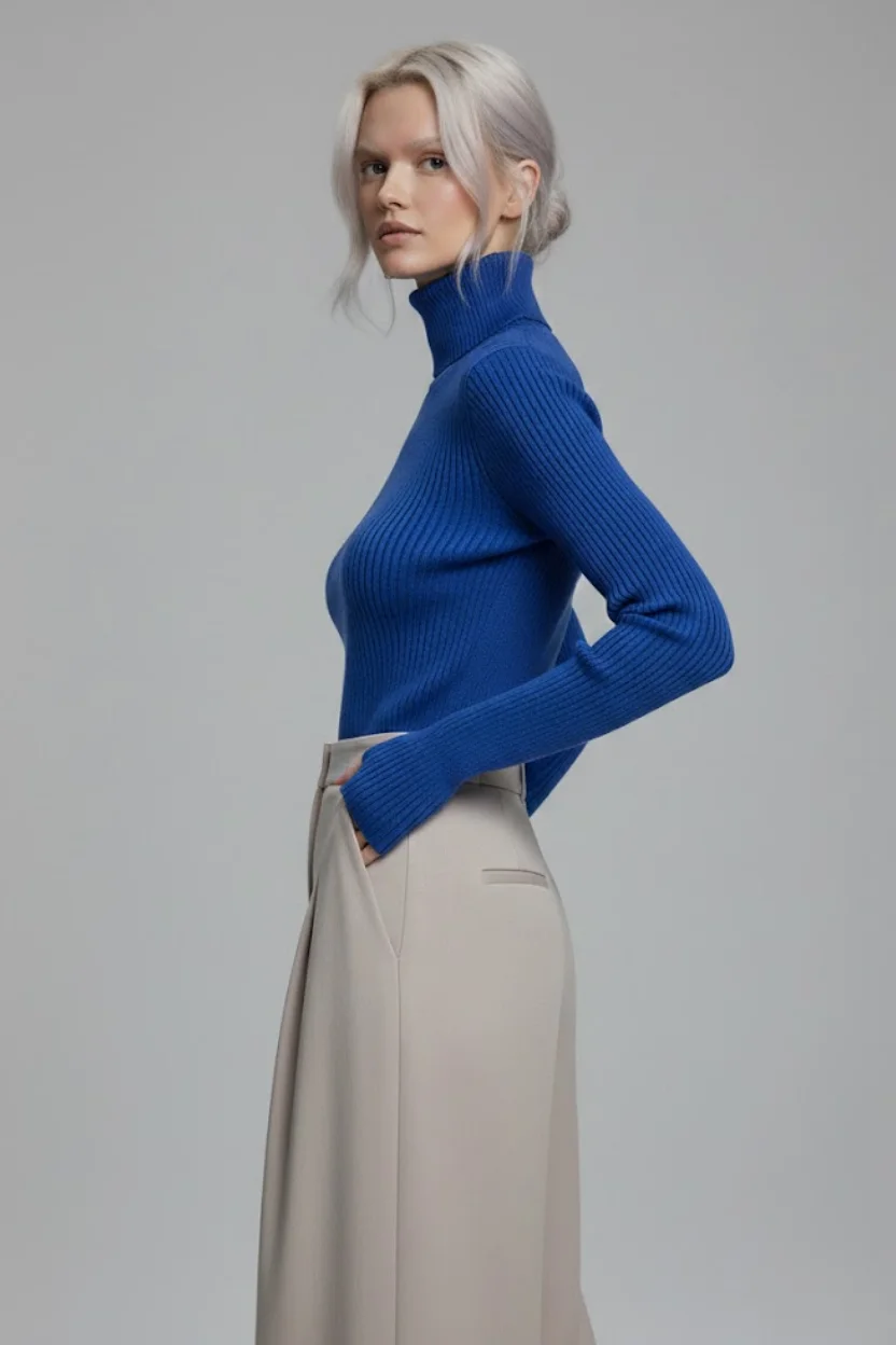 Kadın Saks Mavisi Tam Boğazlı Fitilli Triko Kazak - Canlı Renk Yumuşak Dokulu Kışlık Örme Bluz