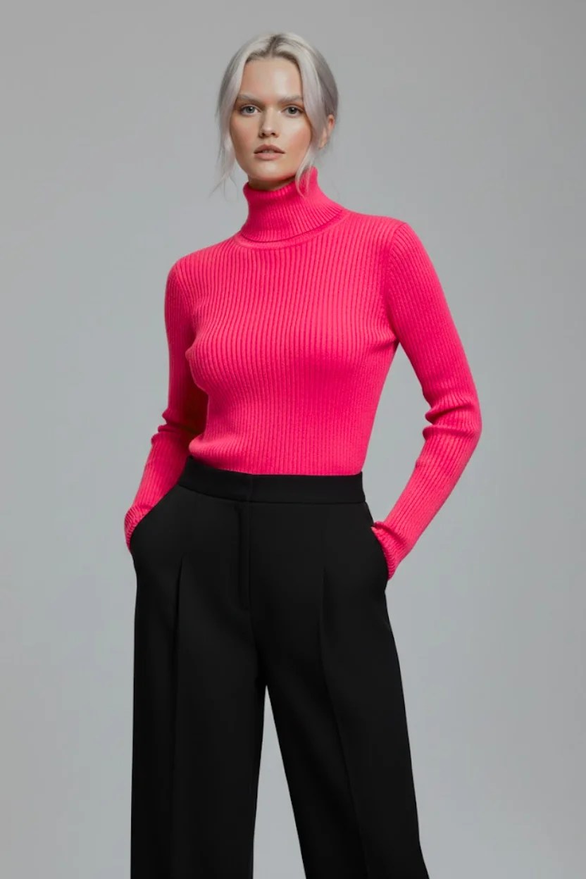 Kadın Fuşya Pembe Boğazlı Slim Fit Kışlık Triko Kazak - Yumuşak Dokulu Esnek Bluz