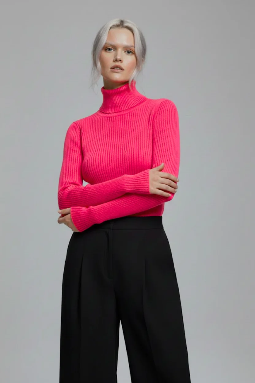 Kadın Fuşya Pembe Boğazlı Slim Fit Kışlık Triko Kazak - Yumuşak Dokulu Esnek Bluz