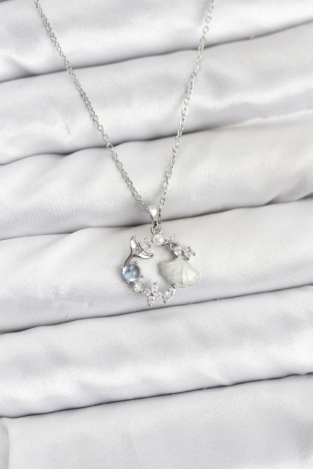 316L Çelik Zincir Gümüş Renk Deniz Tema Model Zirkon Taşlı Kadın Kolye