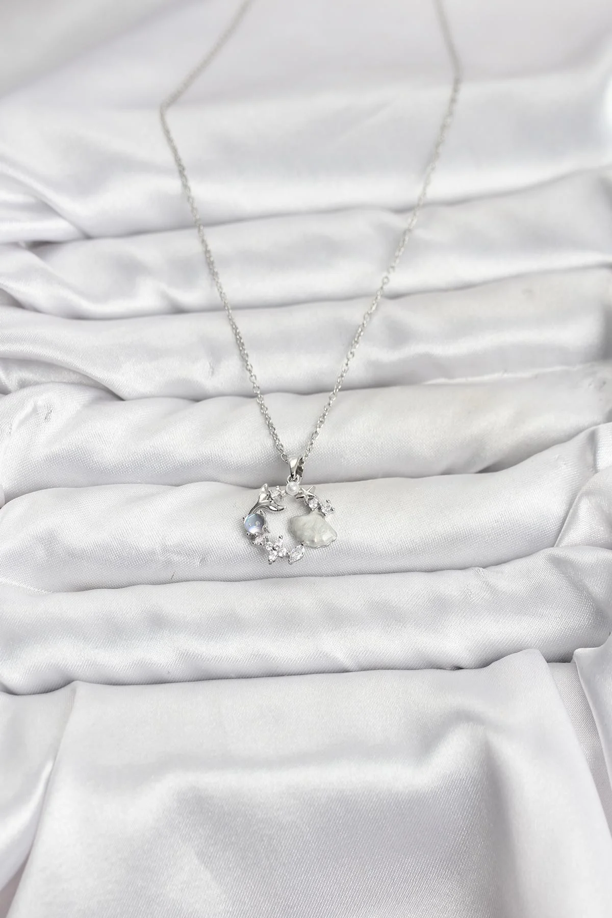 316L Çelik Zincir Gümüş Renk Deniz Tema Model Zirkon Taşlı Kadın Kolye