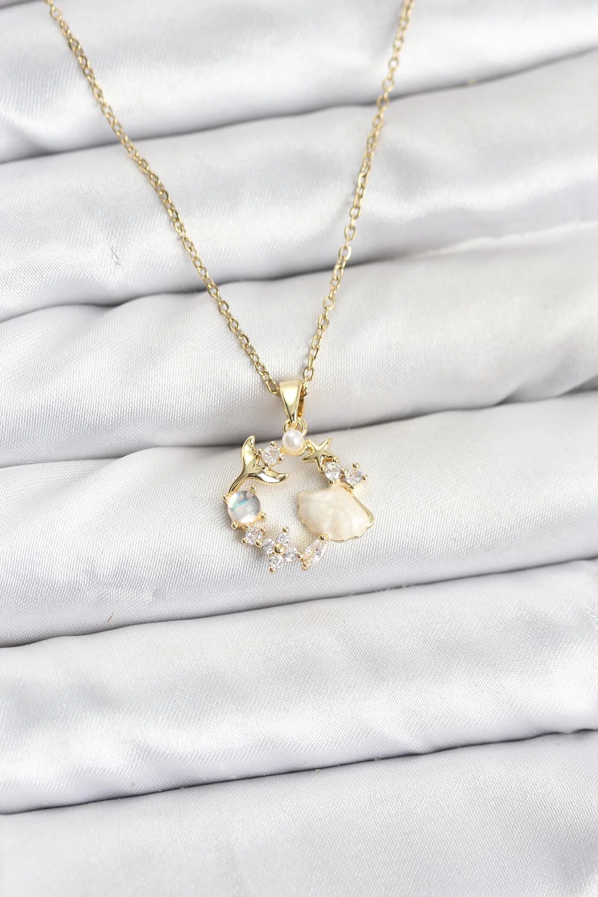 316L Çelik Zincir Gold Renk Deniz Tema Model Zirkon Taşlı Kadın Kolye