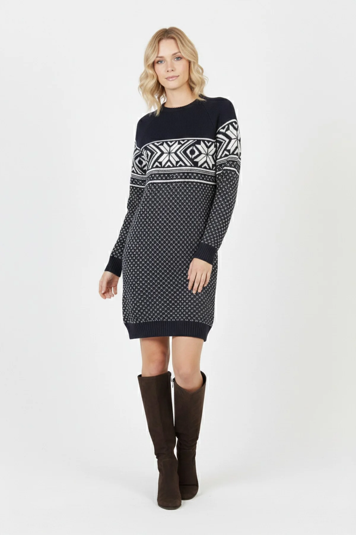 Kadın Lacivert Kar Tanesi Desenli Bisiklet Yaka Raglan Kol Jakarlı Triko Mini Kazak Tunik