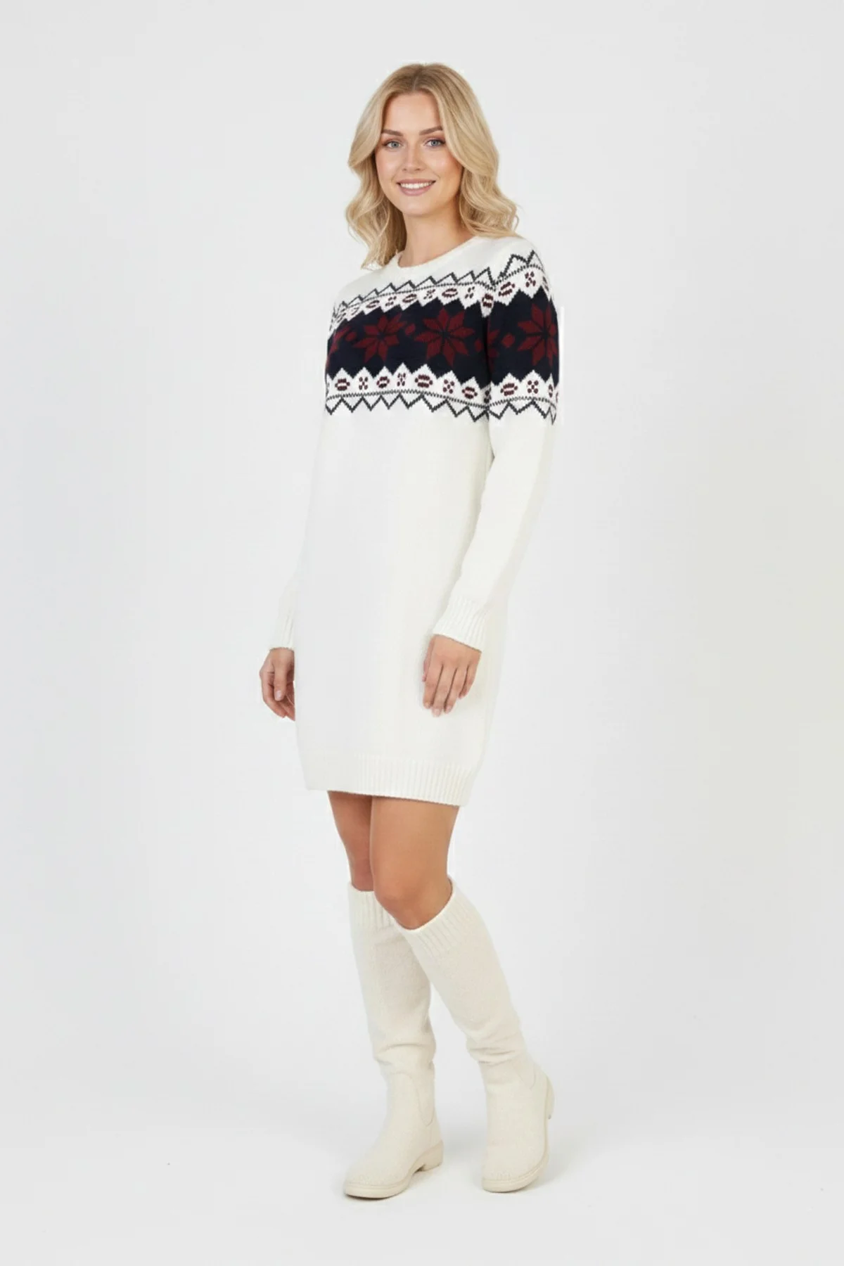 Kadın Beyaz Bel Desenli Bisiklet Yaka Standart Kol Jakarlı Örgü Triko Kazak Elbise