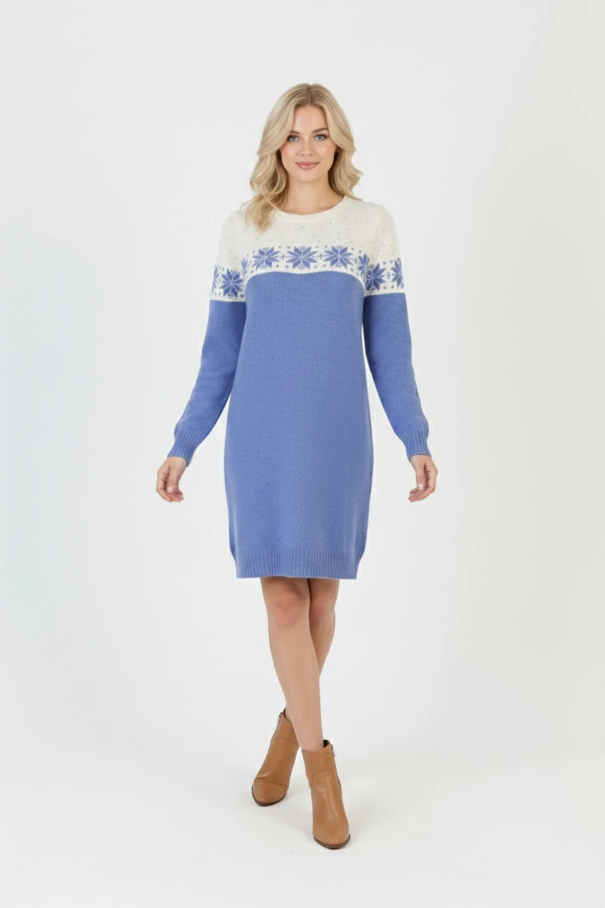 Kadın Mavi Kar Tanesi Desenli Bisiklet Yaka Uzun Kollu Jakarlı Mini Triko Kazak Elbise