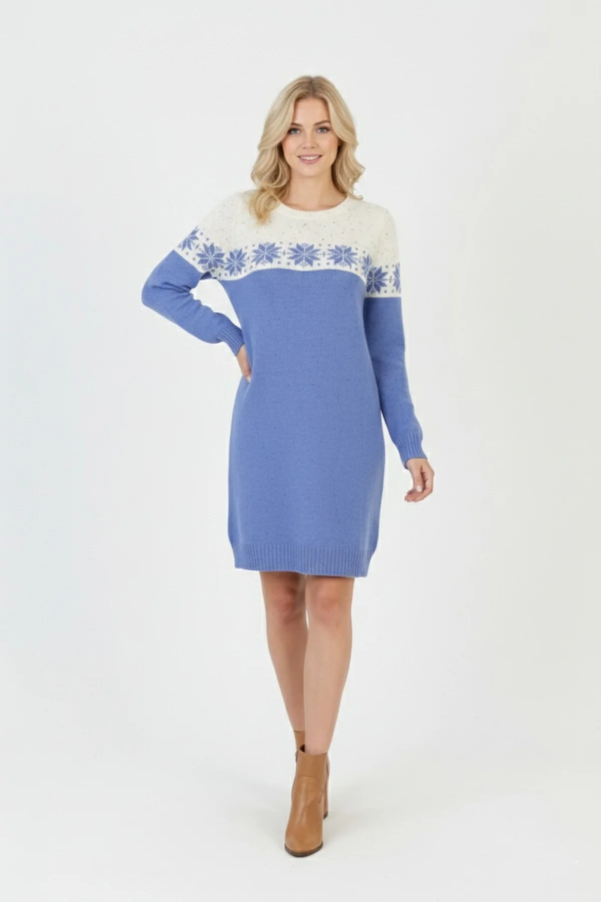 Kadın Mavi Kar Tanesi Desenli Bisiklet Yaka Uzun Kollu Jakarlı Mini Triko Kazak Elbise