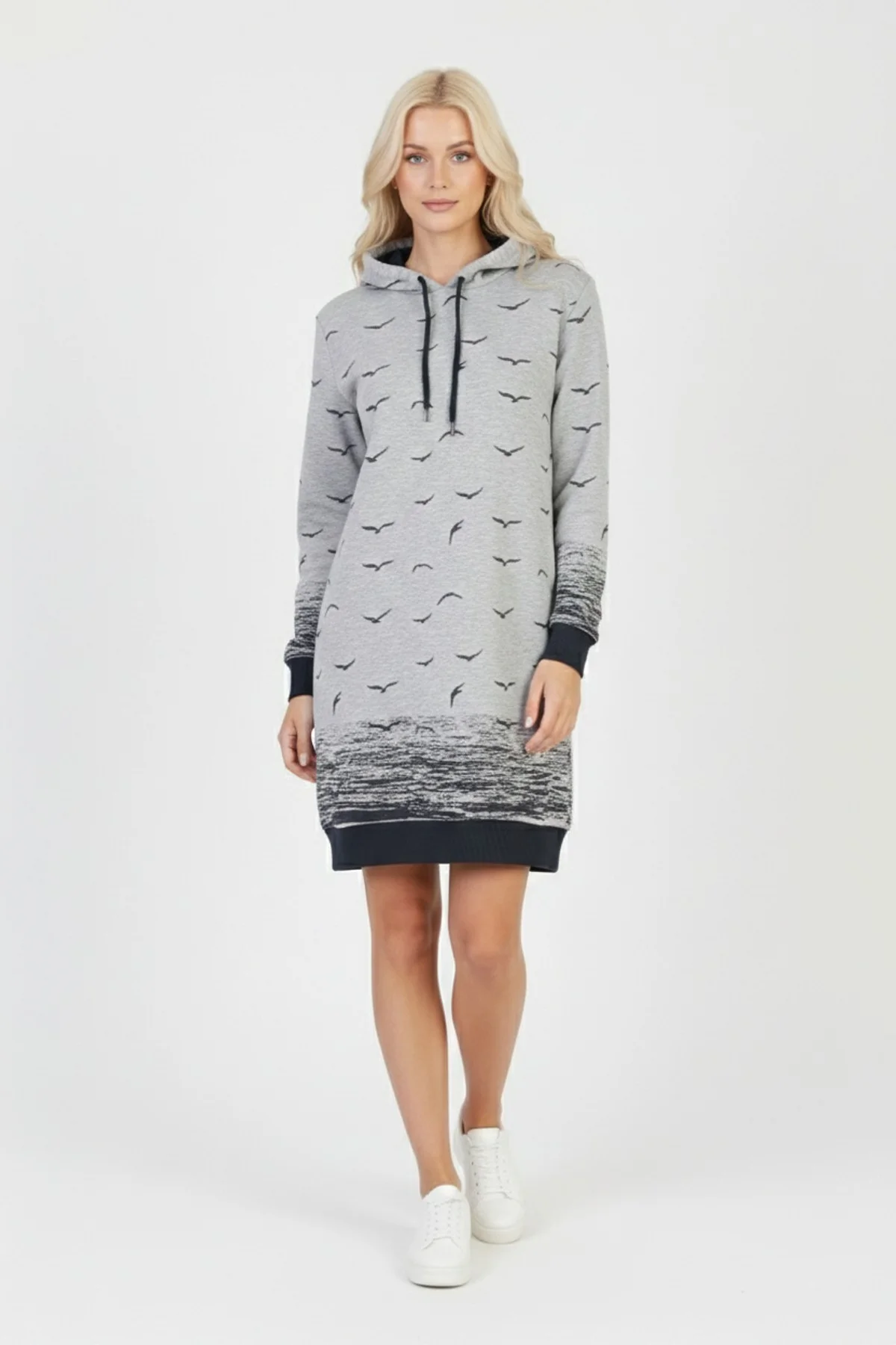 Kadın Gri Martı Desenli Kapüşonlu Cepli Uzun Kollu Jakarlı İnterlok Penye Sweatshirt Elbise