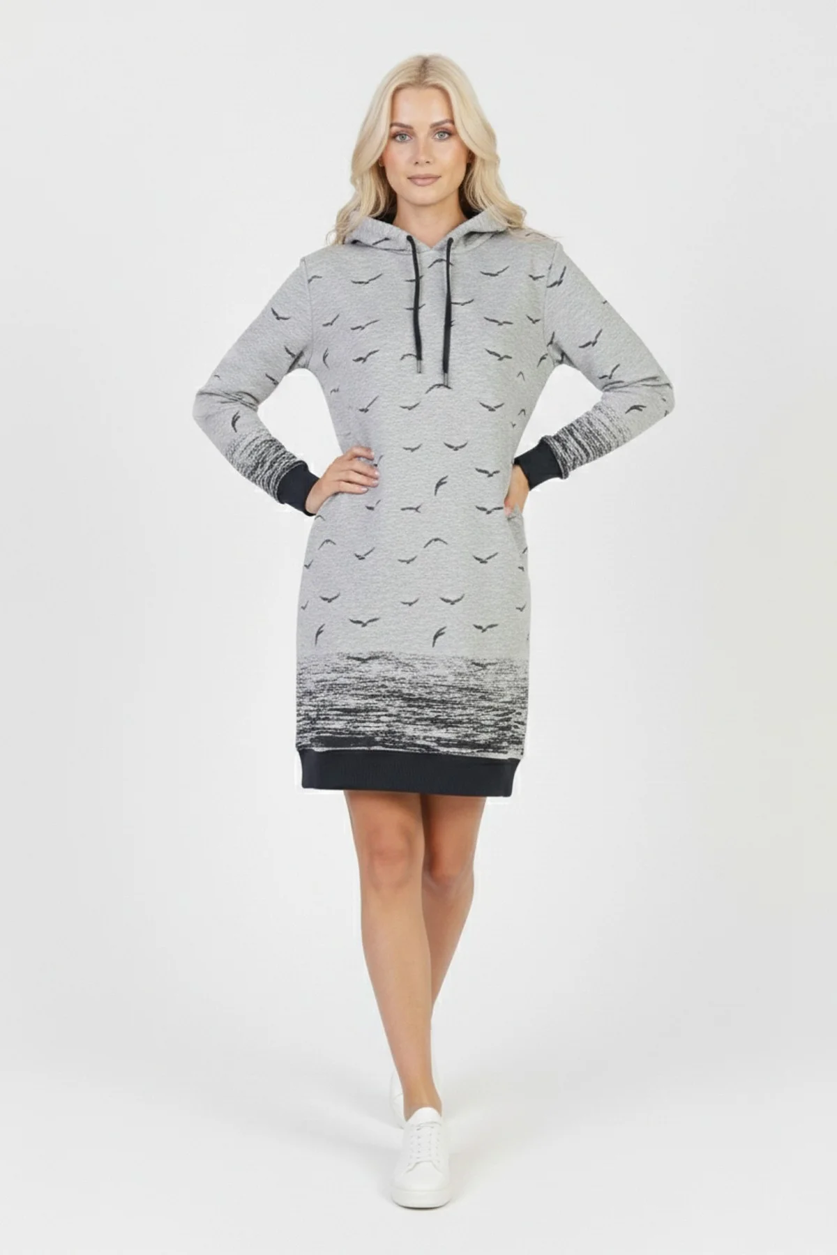 Kadın Gri Martı Desenli Kapüşonlu Cepli Uzun Kollu Jakarlı İnterlok Penye Sweatshirt Elbise