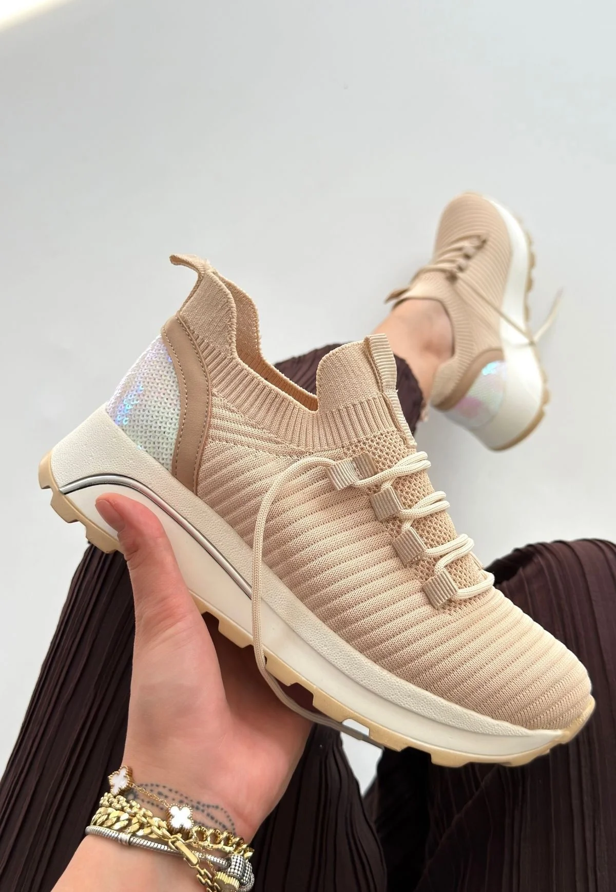 Feort Bej Triko Bağcıklı Spor Ayakkabı