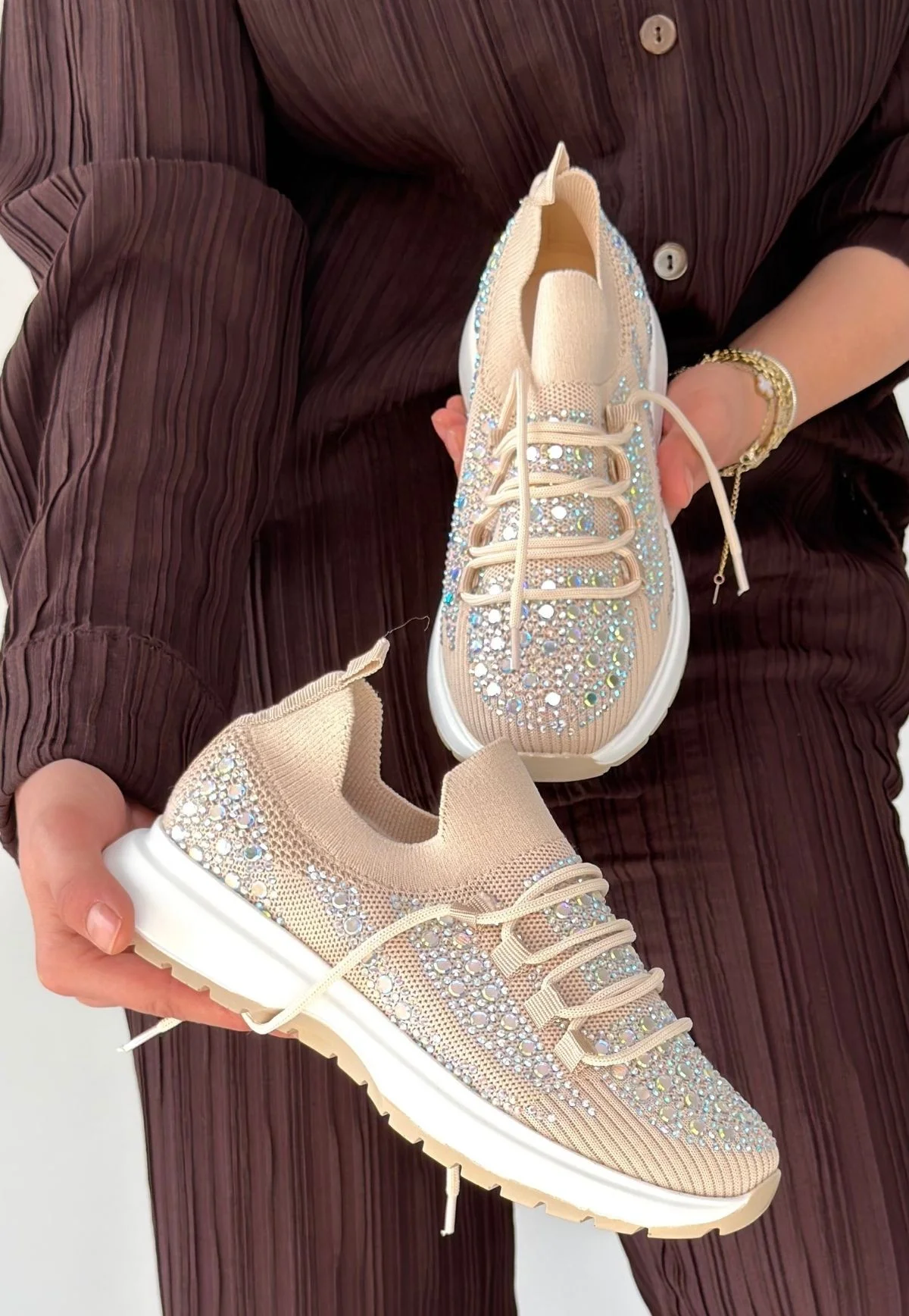 Ceas Bej Triko Bağcıklı Spor Ayakkabı