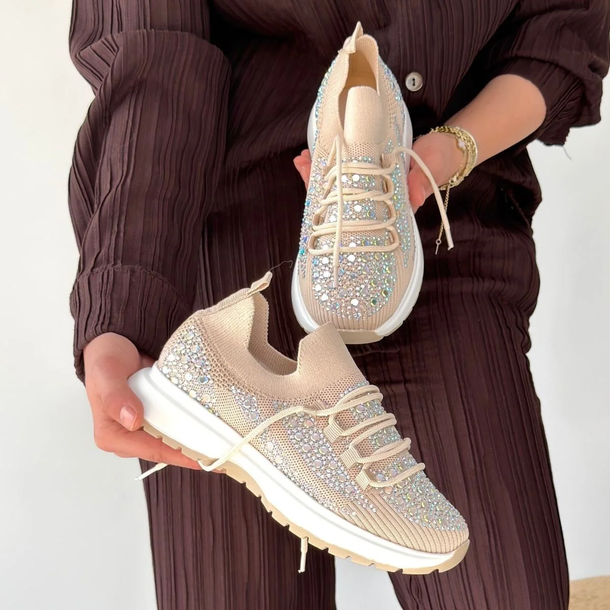 Ceas Bej Triko Bağcıklı Spor Ayakkabı