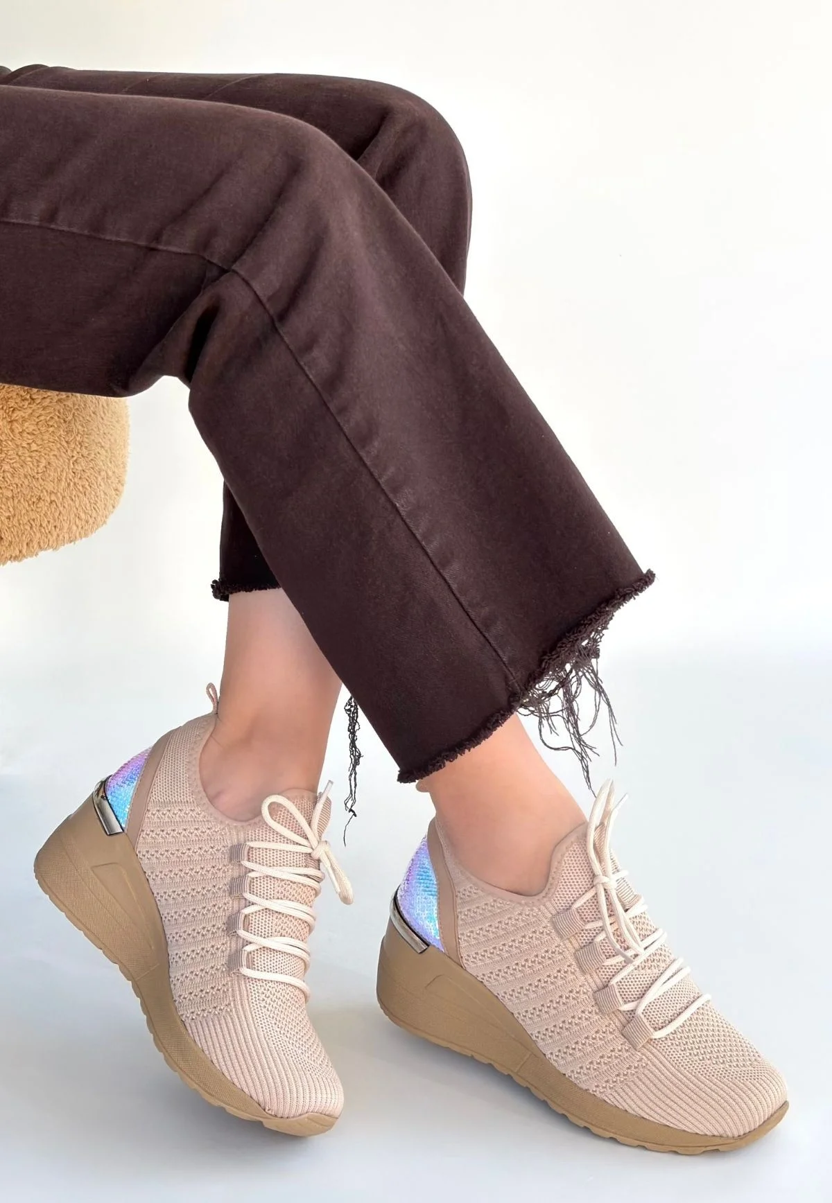 Weor Bej Triko Bağcıklı Spor Ayakkabı