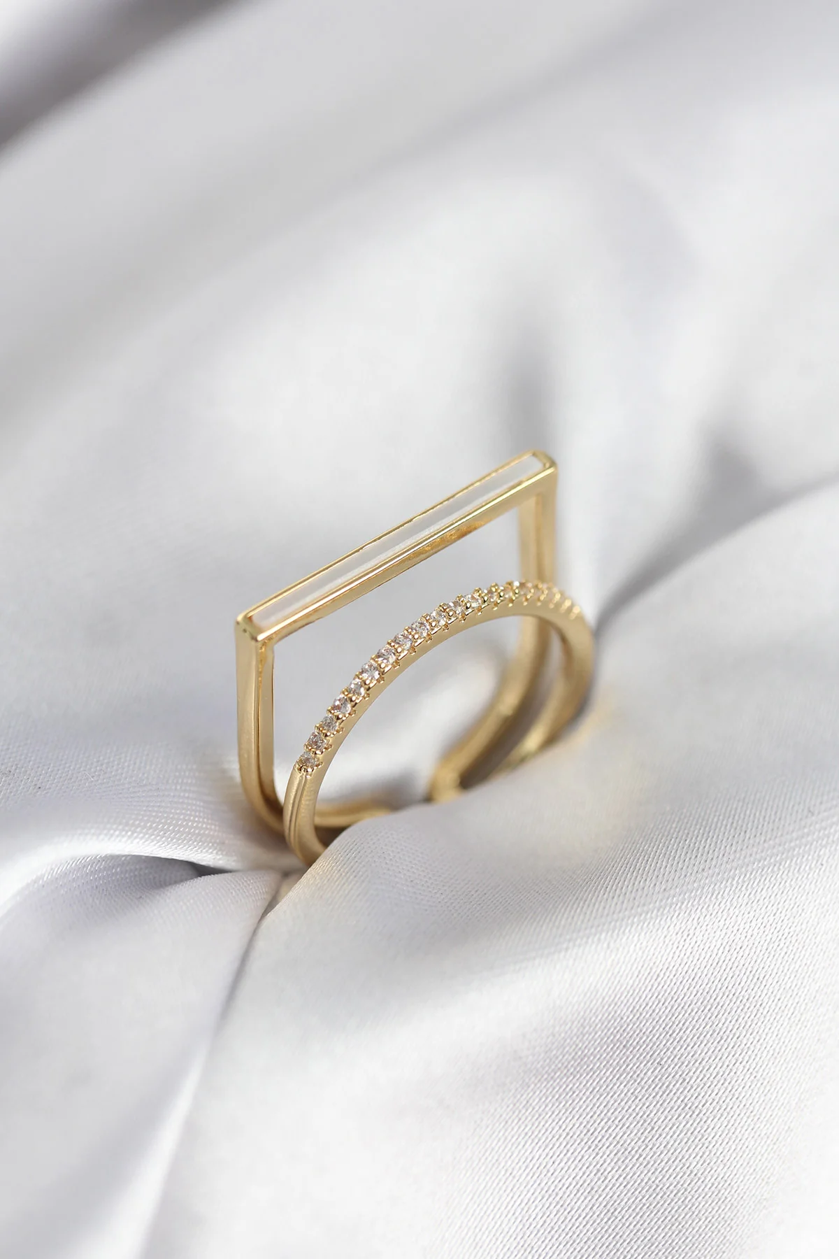 Gold Renk Sedefli Zirkon Taşlı 2'li Kadın Yüzük