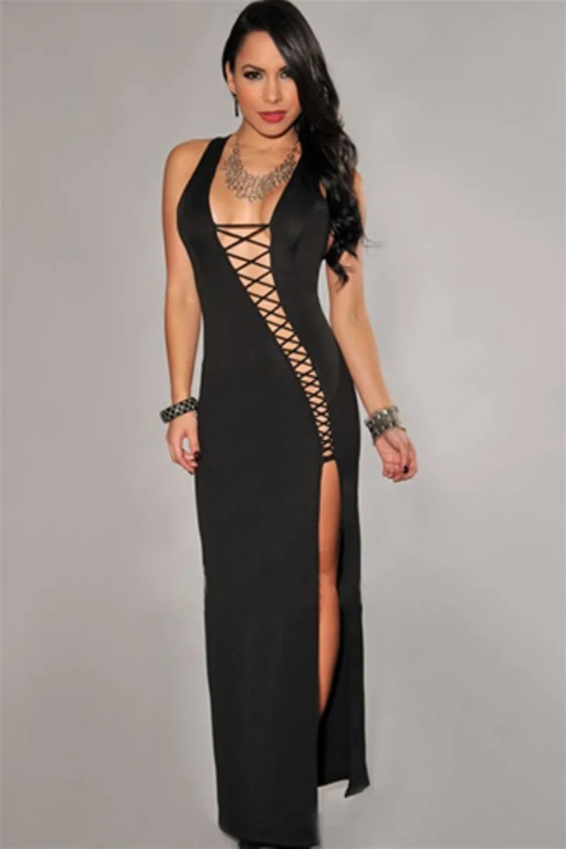 B100839 Bağlamalı Seksi Uzun Elbise